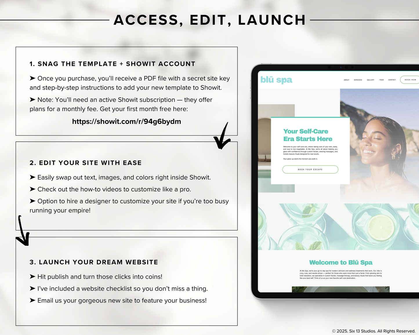 Blu Spa Showit Website Template for Spas Wellness Estheticians Beauty Health Professionals - Mobile Friendly